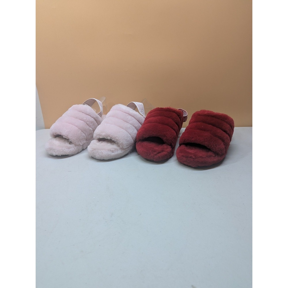 2 Pairs UGG Fluff Yeah Slides Pink SLPN & Red Ribbon RBRD 1095119 Slippers sze 8 - Picture 2 of 12